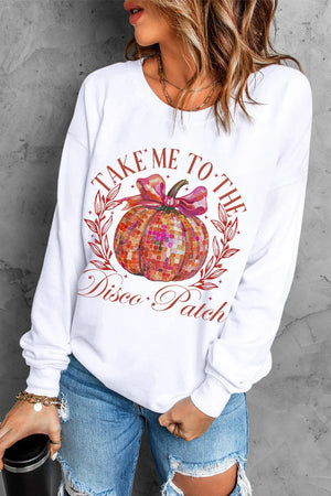 White roundneck sweatshirt with disco pumpkin graphic and text.