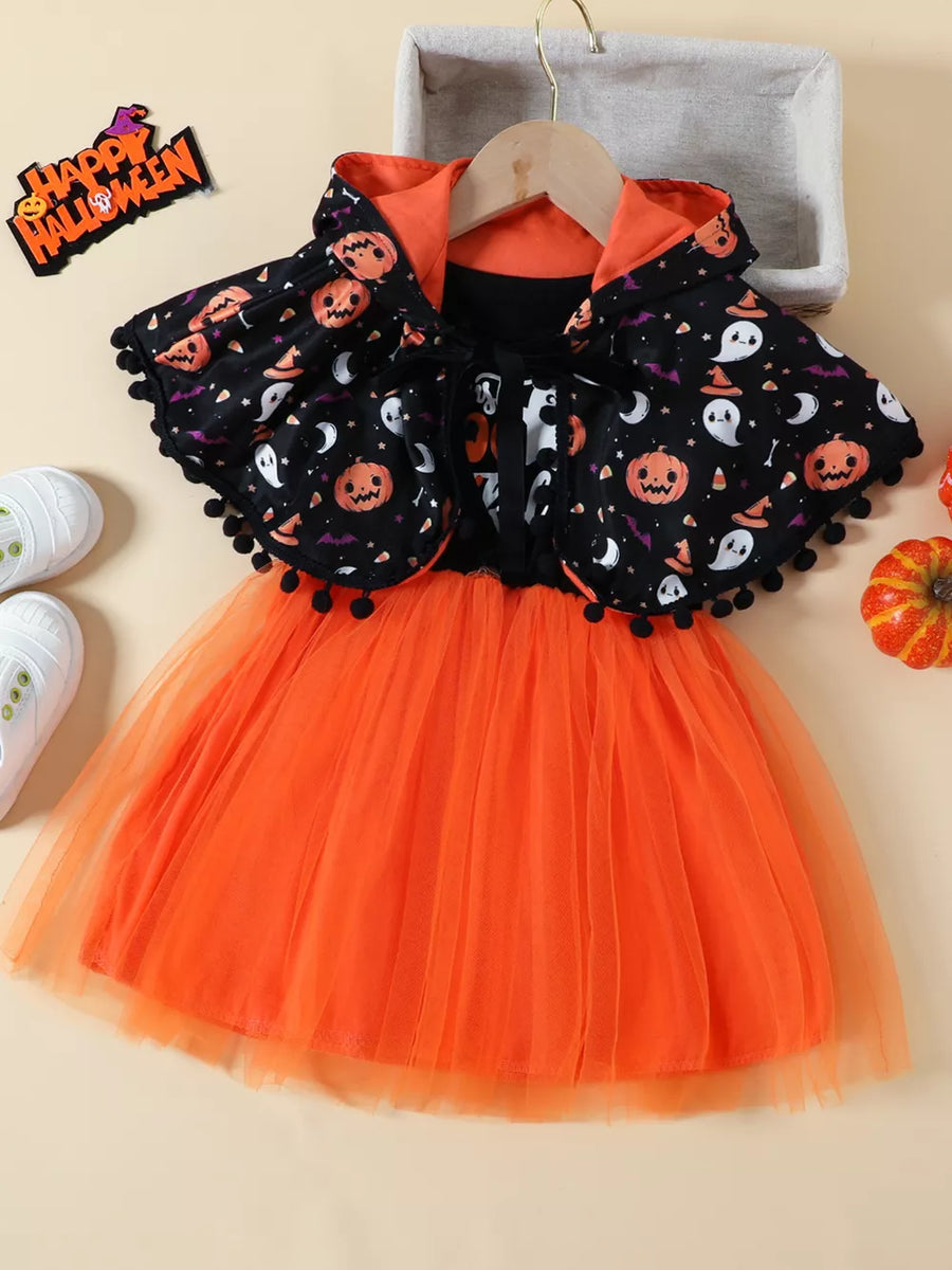 orange A-line dress featuring layered and novelty print