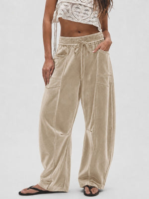 wide-leg pants in Khaki Color with drawstring waist and full-length