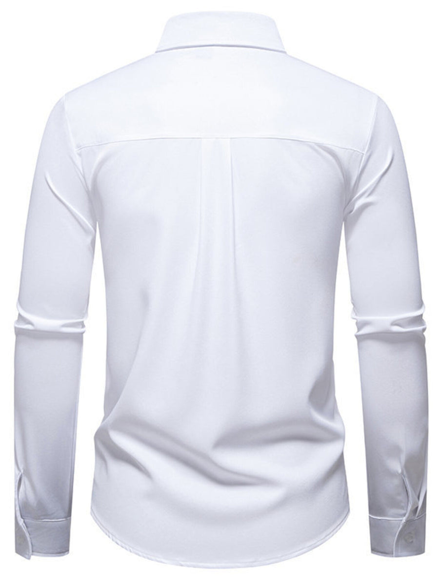 Men's white long-sleeve button-up shirt with a classic collar and back pleats.