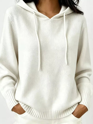 White Cozy Ribbed Long-sleeve Hooded Sweater