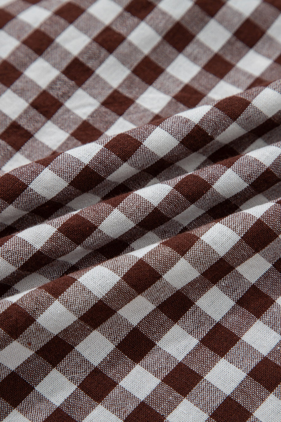 Gingham zip-front midi dress in taupe cotton with a classic check pattern.