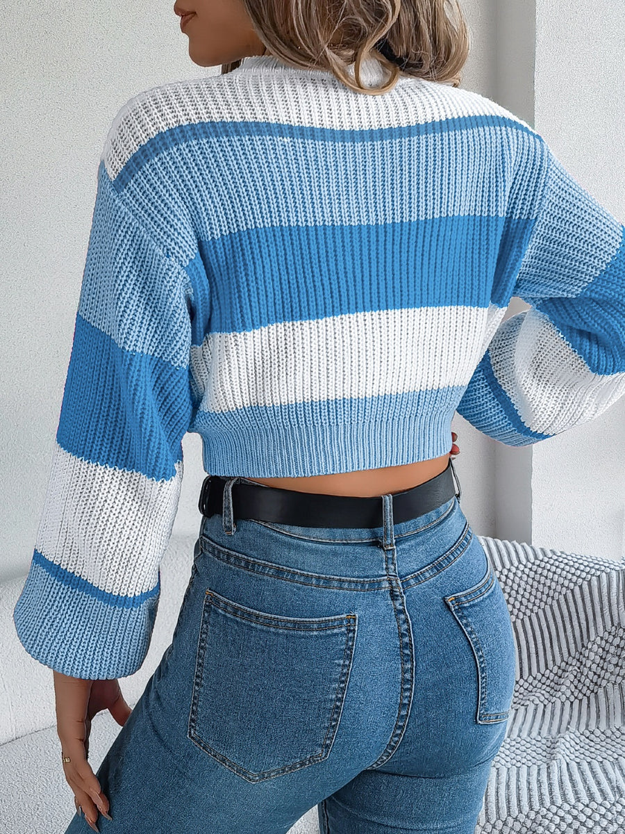 Striped crop knit sweater in Sky Blue with balloon sleeves, acrylic knit.