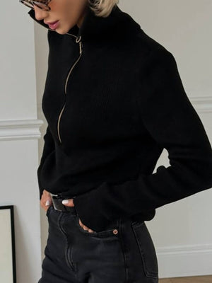 zip-up sweater in chocolate brown with zipper and hip-length
