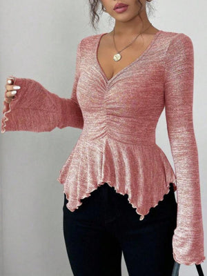peplum top in Dark Gray with v-neck and bell sleeve