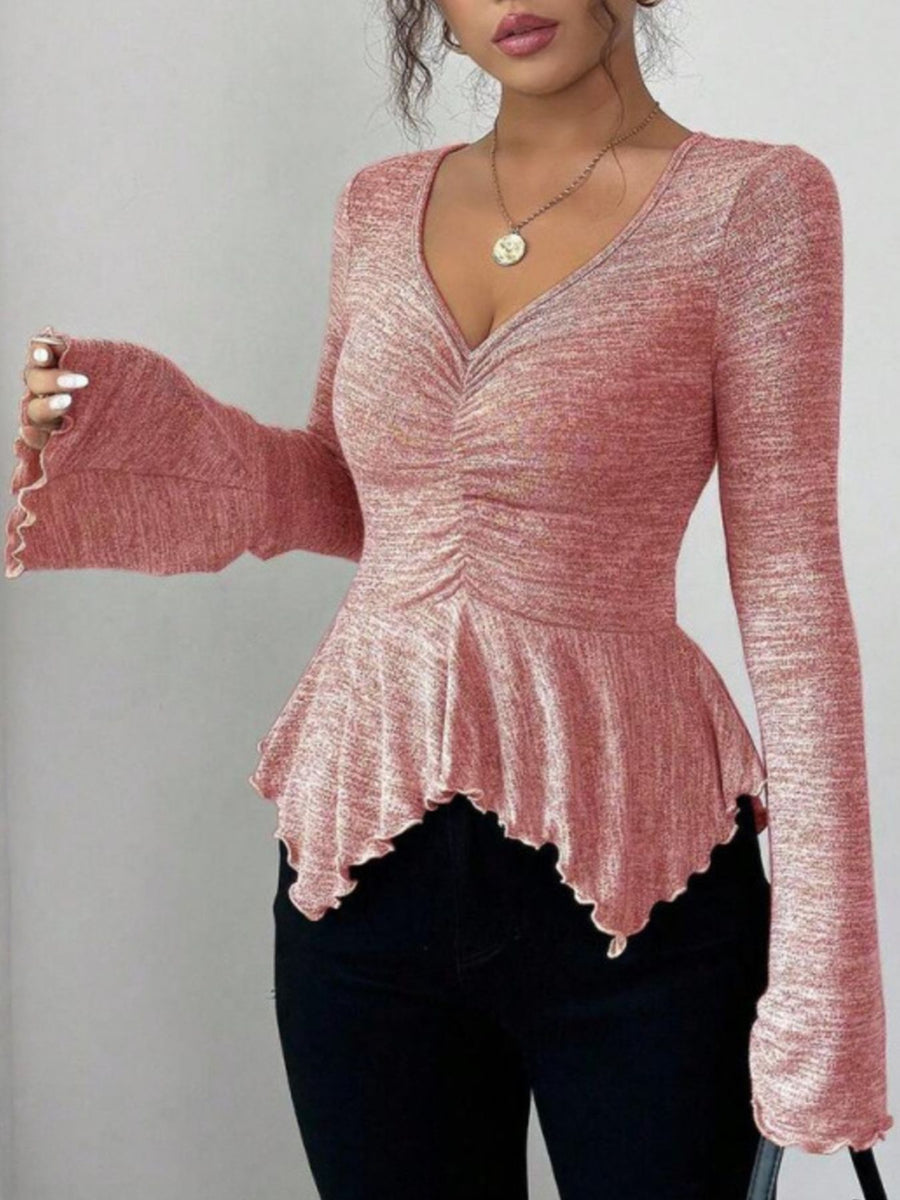 peplum top in Dark Gray with v-neck and bell sleeve