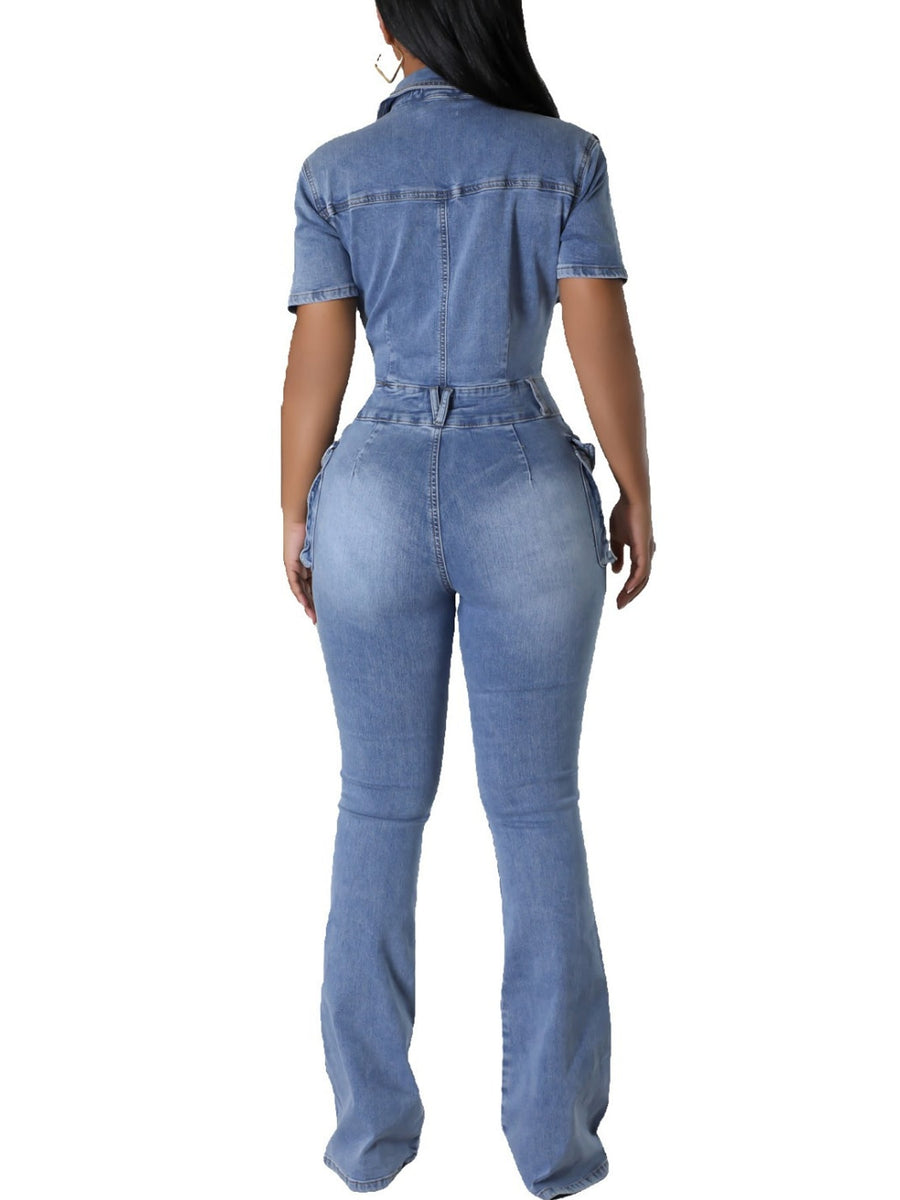 light blue jumpsuit with pocketed and short sleeve