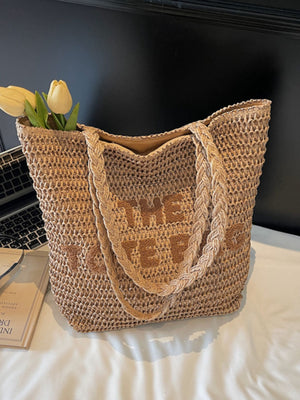 Khaki Straw Woven Shoulder Bag in Khaki with woven texture