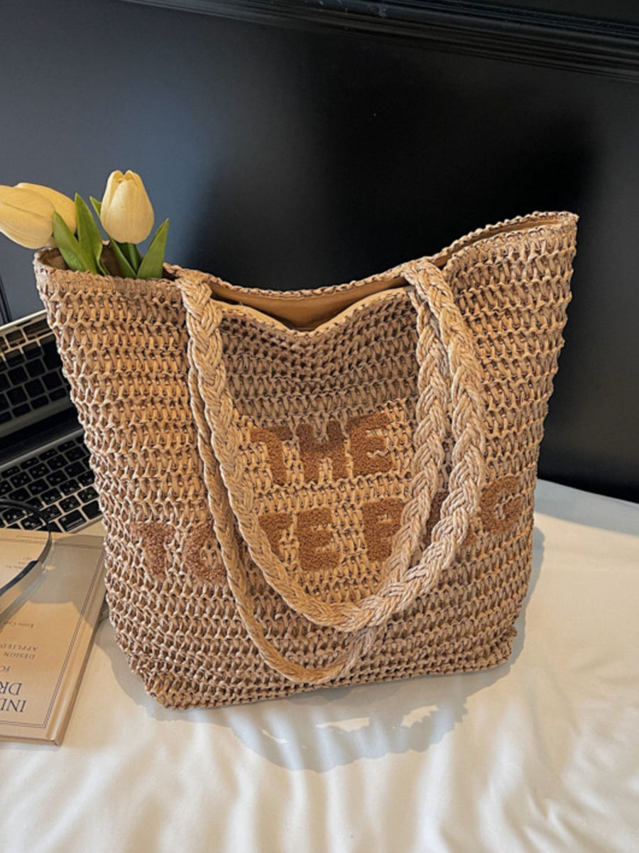 Khaki Straw Woven Shoulder Bag in Khaki with woven texture