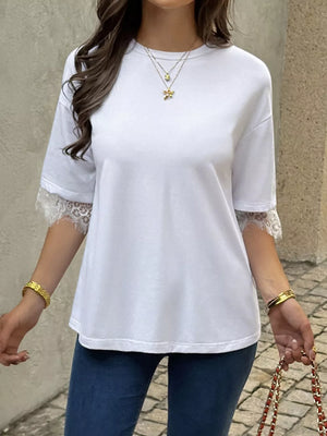 White Lace Trimmed Casual T-shirt