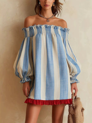light blue mini dress with striped and off-shoulder