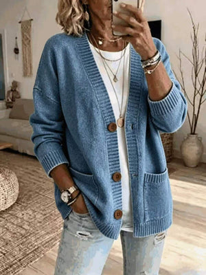 Casual V-Neck Button-Down Knit Cardigan in Pink with buttoned