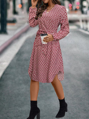 Cerise midi dress featuring tied and geometric