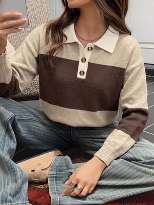 Coffee Brown, Color Block Polo Collar Sweater in Coffee Brown