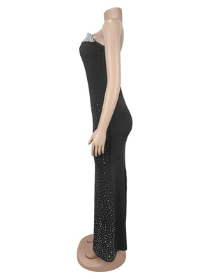 Rhinestone Slit Back Tube Maxi Dress in Black with rhinestone