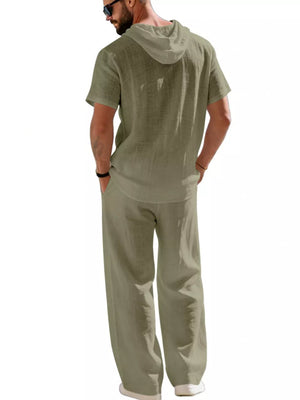 Black lounge set with hip-length, full-length and button-front, drawstring, elastic
