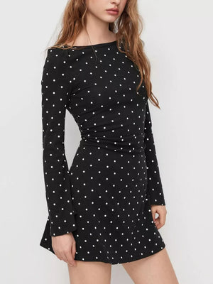 95% viscose, 5% elastane Care instructions: Machine wash cold mini dress in Navy with flared silhouette