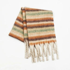 Textured stripe fringe scarf in cream with brown and green stripes and tasseled ends.