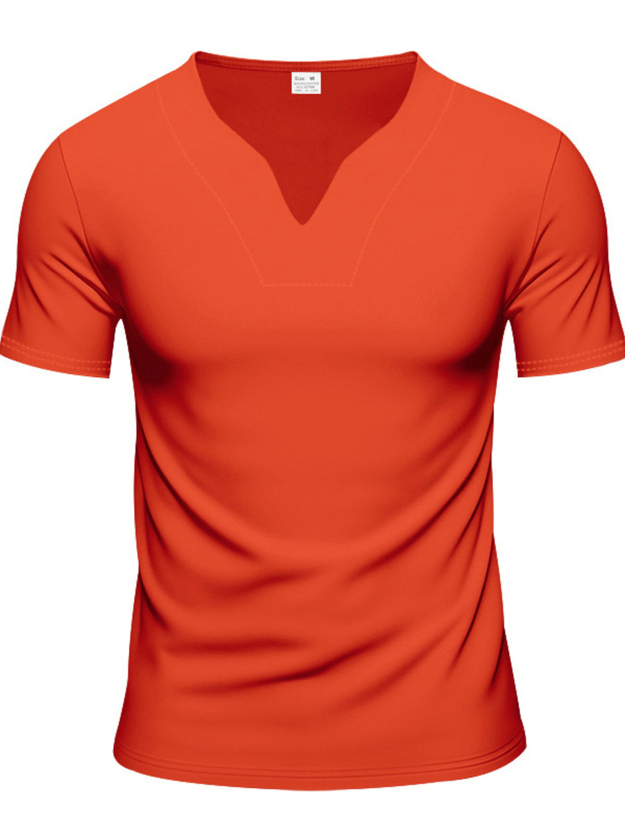 Orange v-neck tee with notched collar and short sleeves.