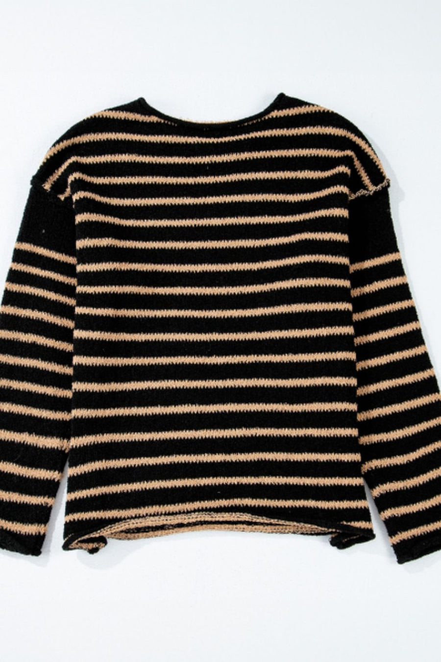 Black and tan horizontal stripe slouchy knit jumper with crew neck.