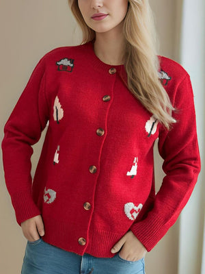 Deep Red embroidered cardigan with storybook motifs, button-up front, crew neck, long sleeves.