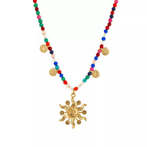 14k Gold-plated Bead Sun Pendant Necklace in sage green with beaded