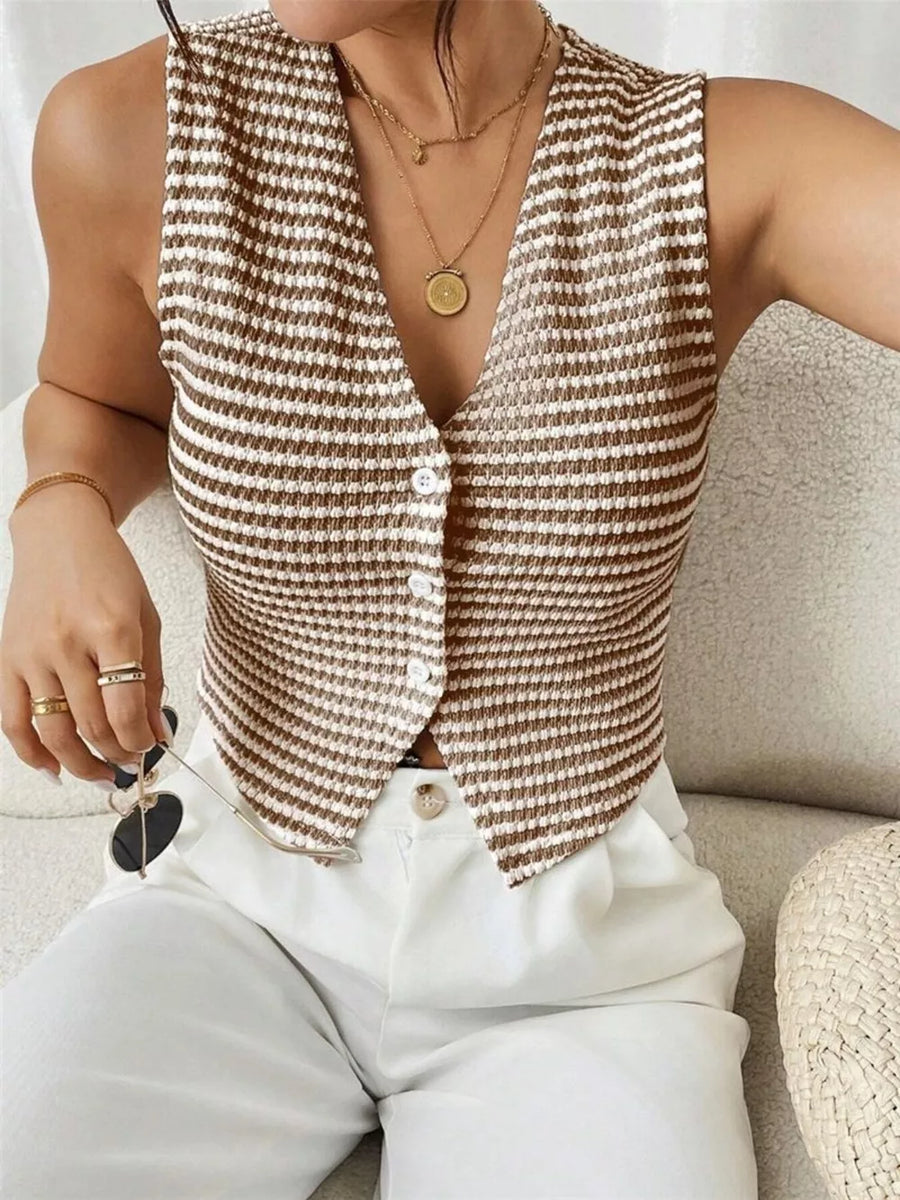 Chic striped knit V-neck tank top in taupe with button front detail