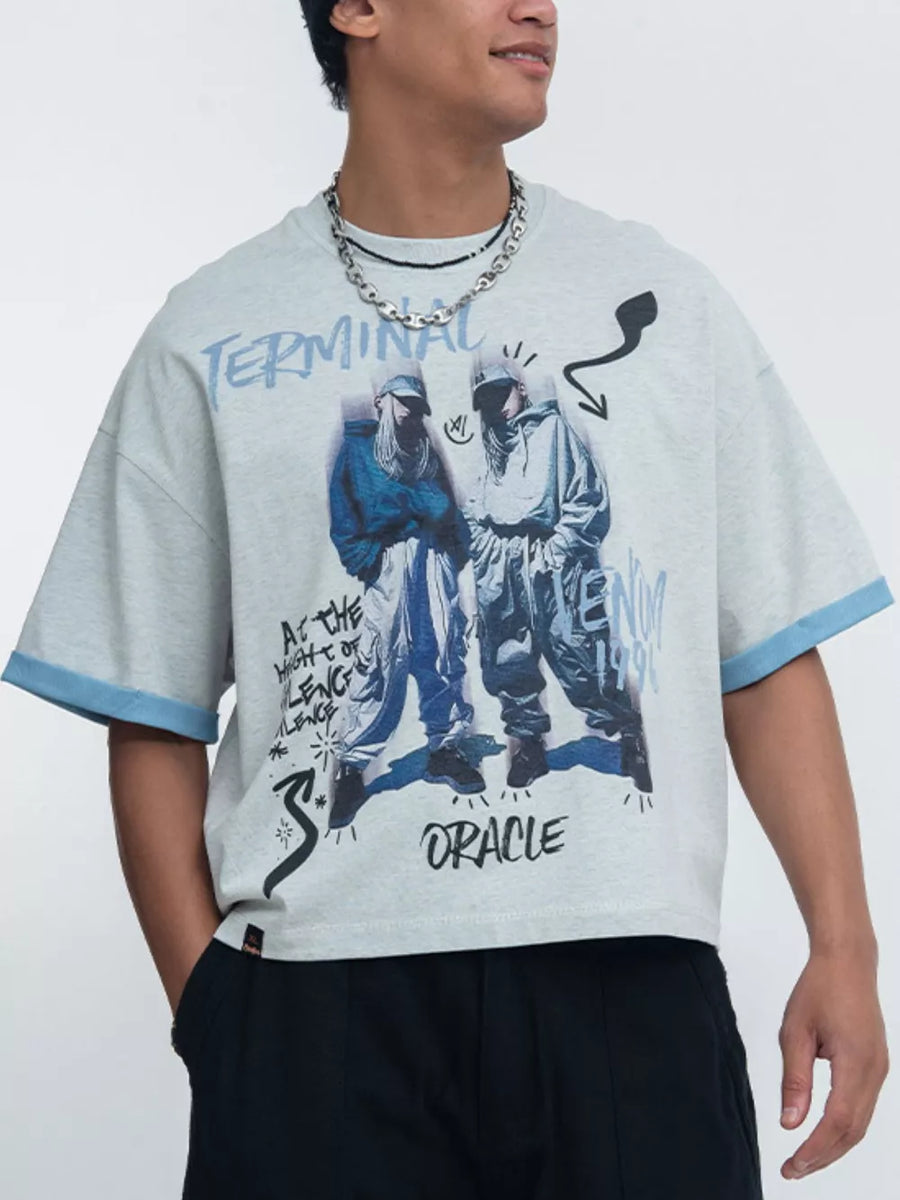 heather gray t-shirt with graphic print and crew neck