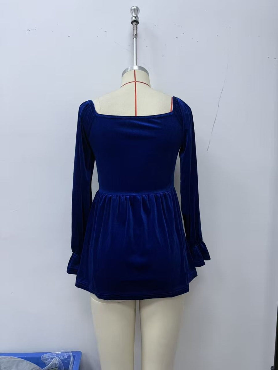 Velvet Smocked Peplum Blouse in Indigo with ruffled