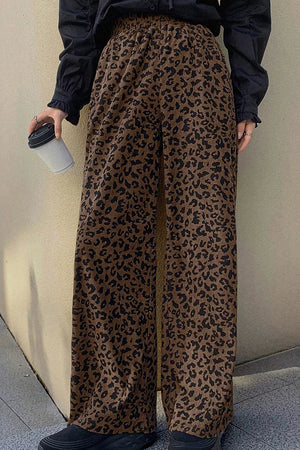 Coffee Brown, Leopard Print Elastic High Waist Corduroy Pants in Coffee Brown