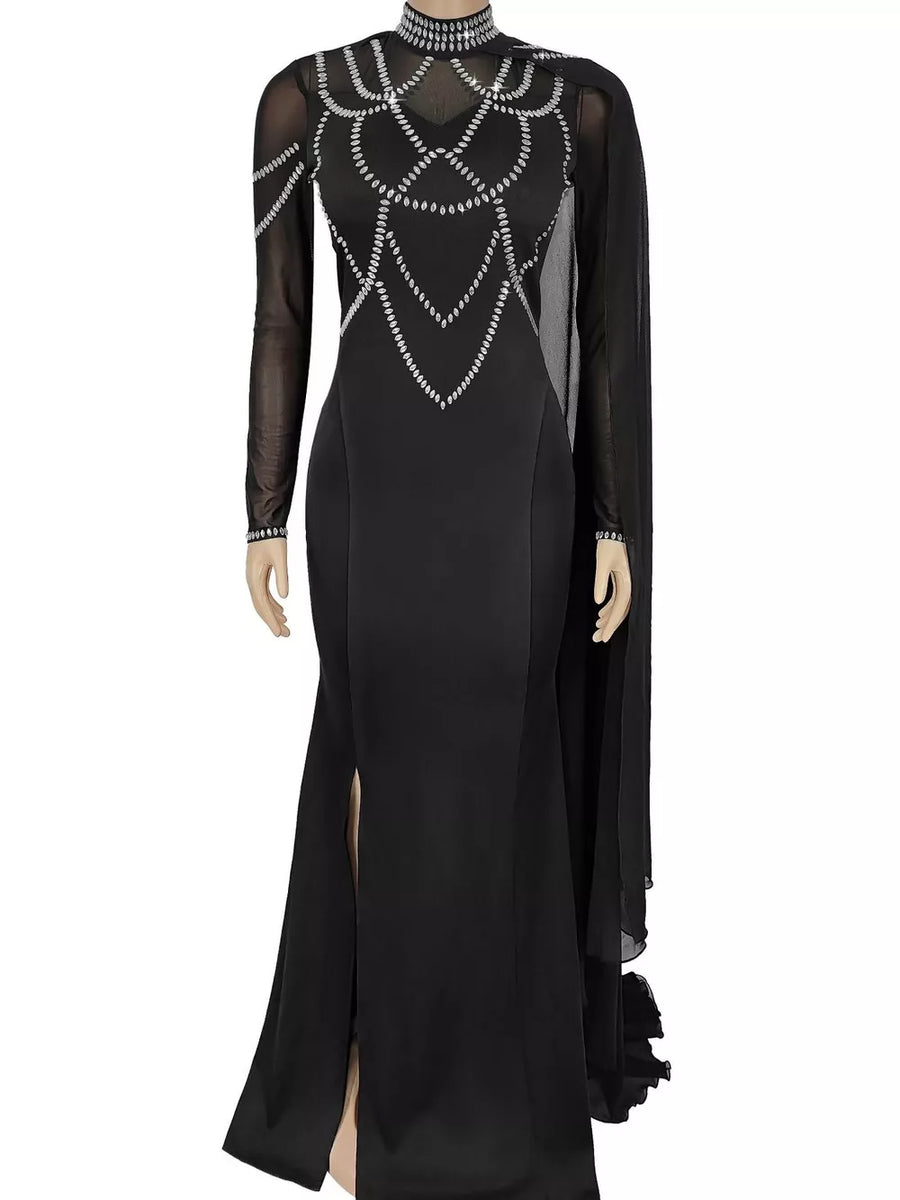 maxi dress in Silver with geometric and mesh