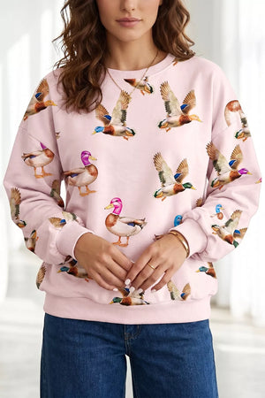 light pink sweatshirt with duck-print and crew neck