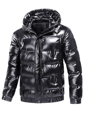 Black reflective hooded puffer coat for men with a shiny finish and elastic cuffs.