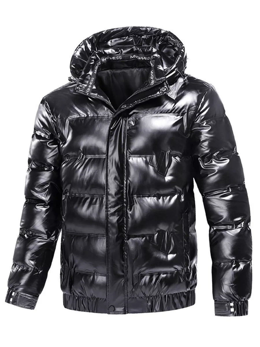 Black reflective hooded puffer coat for men with a shiny finish and elastic cuffs.