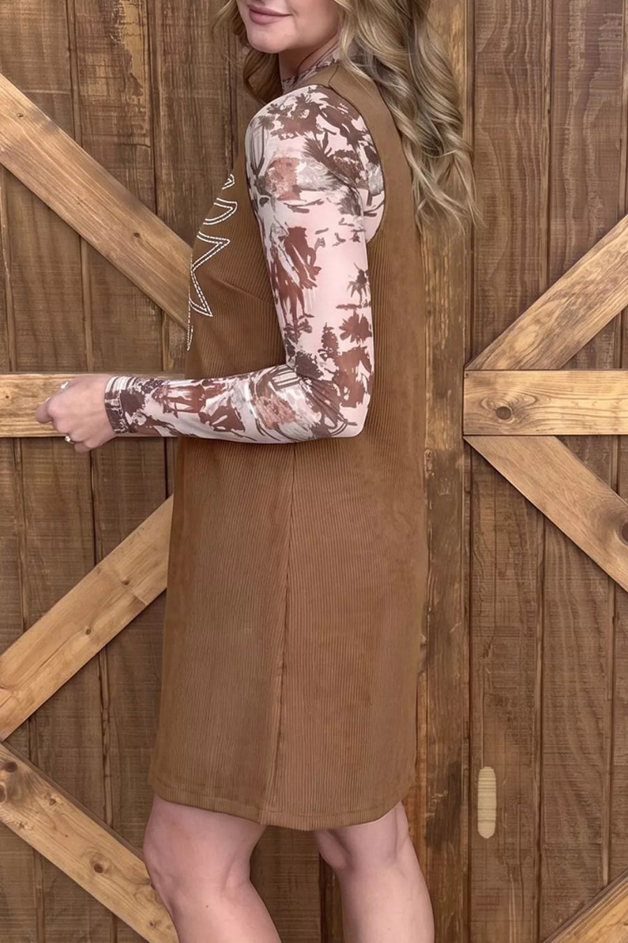 Geometric Embroidery Sleeveless Corduroy Shift Dress in Brown