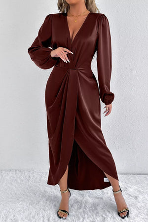 olive green midi dress with stretch and balloon sleeve