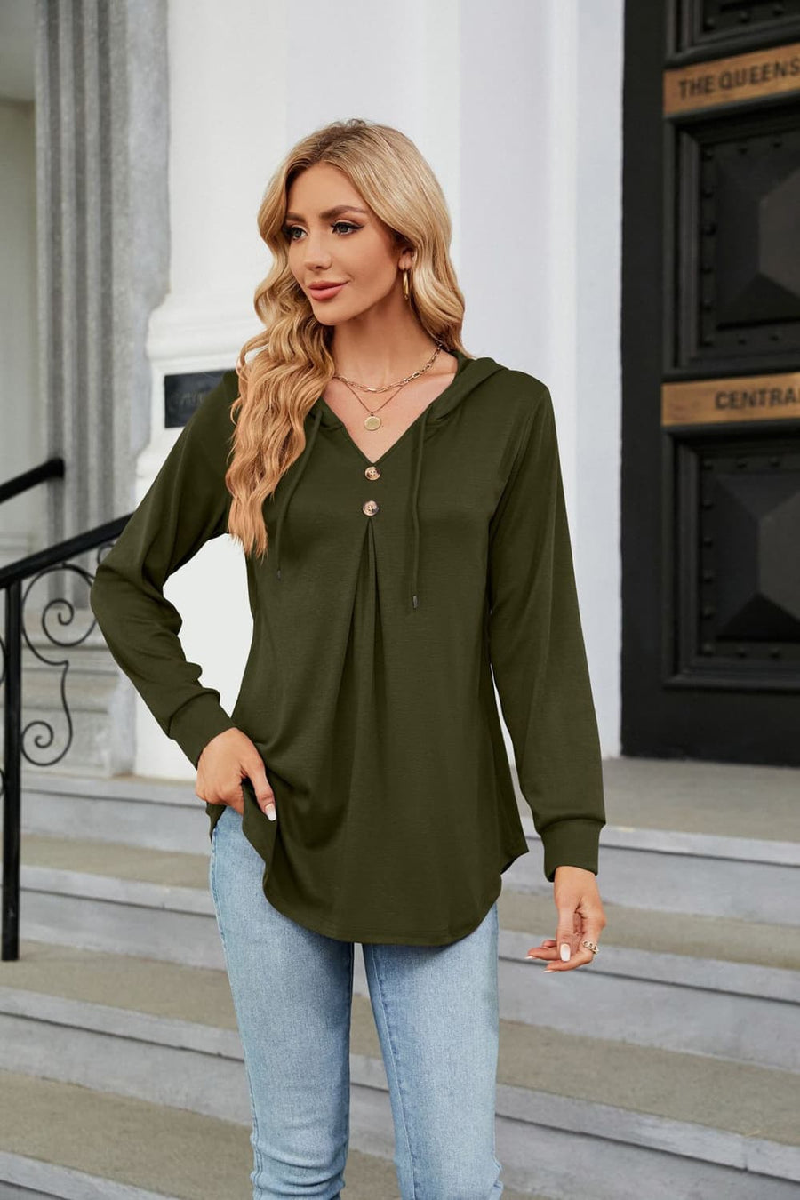 Army green hooded henley top with button detail and pleats