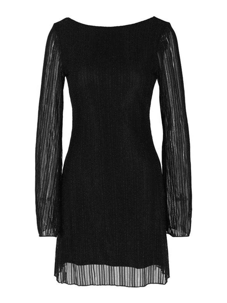 Black mini dress with boat neckline, long sheer glitter sleeves, and ribbed texture.