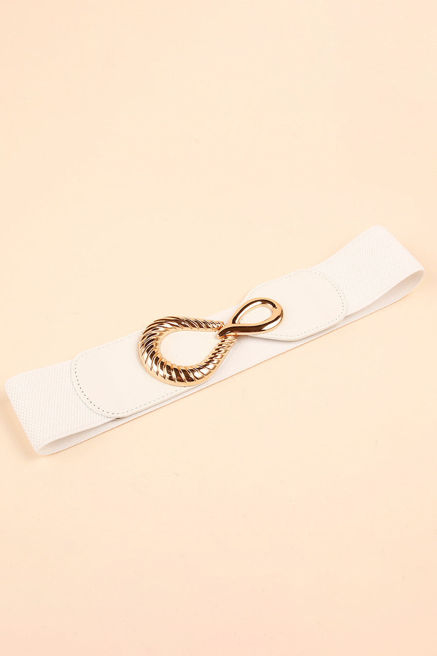 White elasticated waist belt with sculpted gold buckle detail