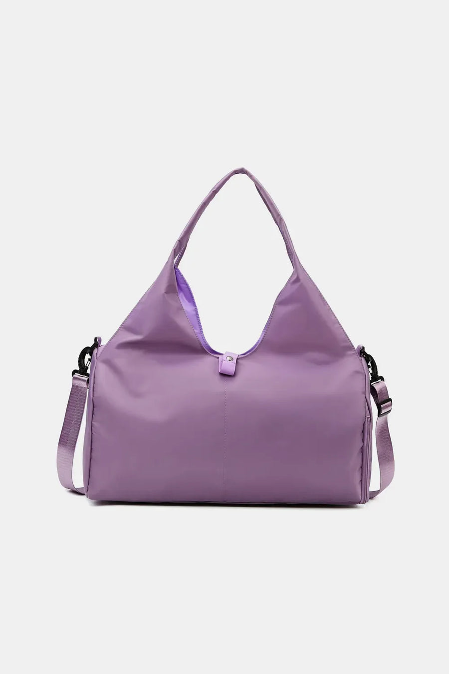 Streamlined sporty duffel bag in Red-Violet with adjustable strap and top handles.