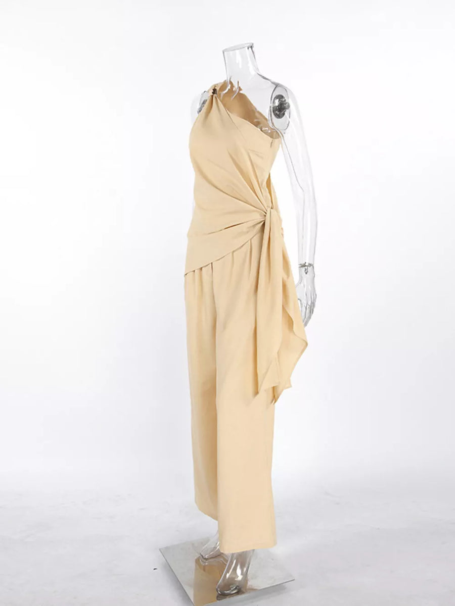 Khaki Color relaxed two-piece set with one-shoulder