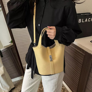 Leather Bucket Crossbody Bag in Yellow with adjustable strap