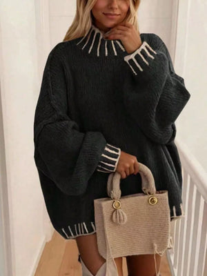 Black Contrast Trim Chunky Knit Sweater