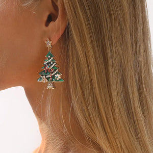 Enchanted Holiday Tree Earrings in green with festive ornaments and a star, dangle style.