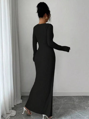 Dark Brown bodycon maxi dress with asymmetrical
