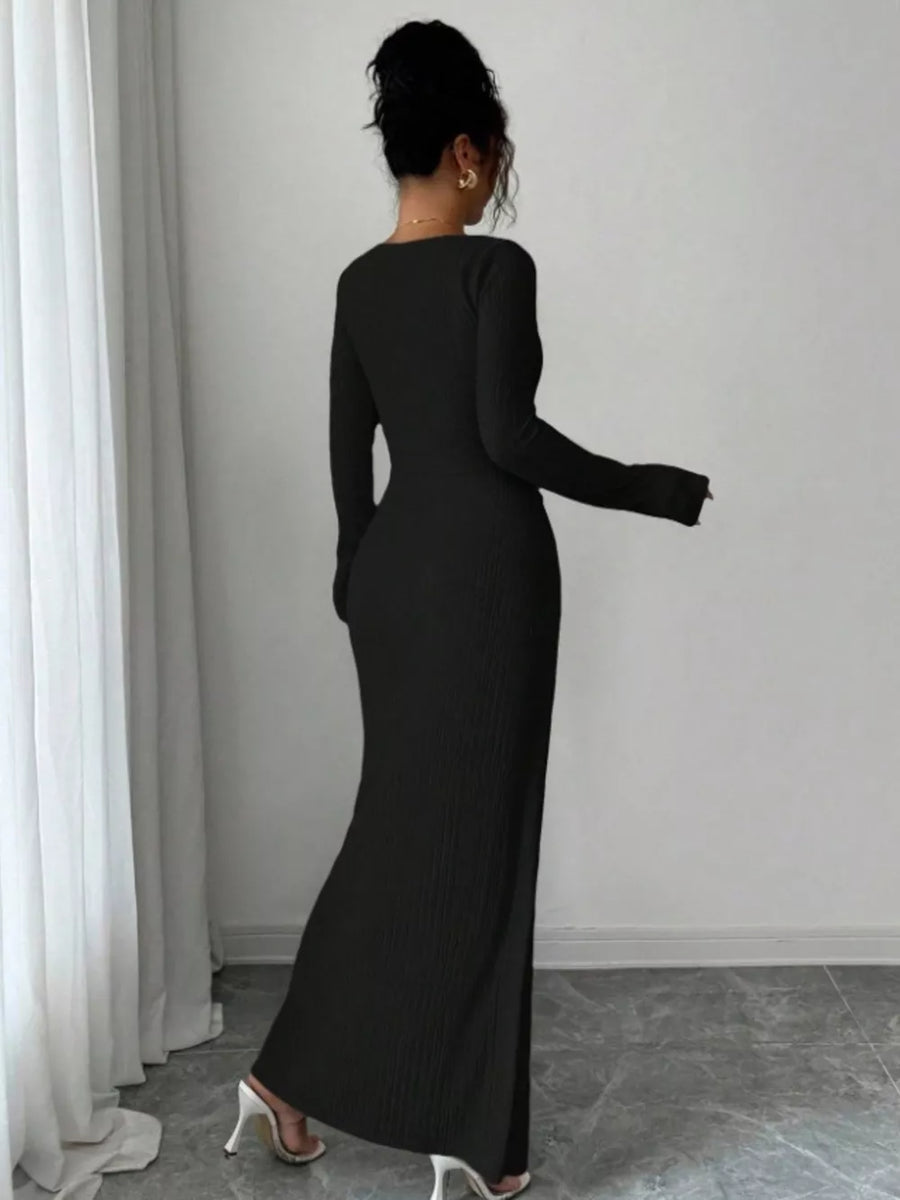 Dark Brown bodycon maxi dress with asymmetrical