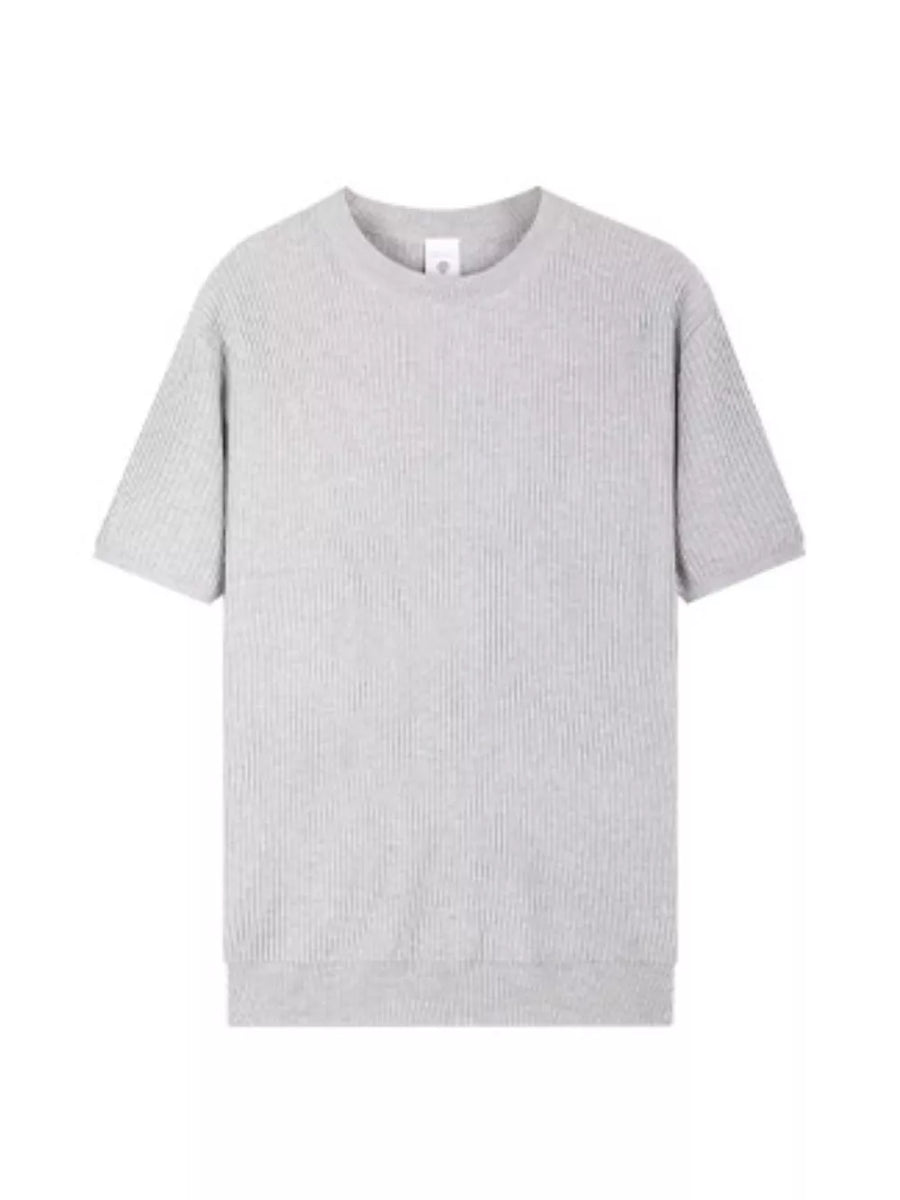 Light gray ribbed knit men's t-shirt with crew neck and short sleeves.