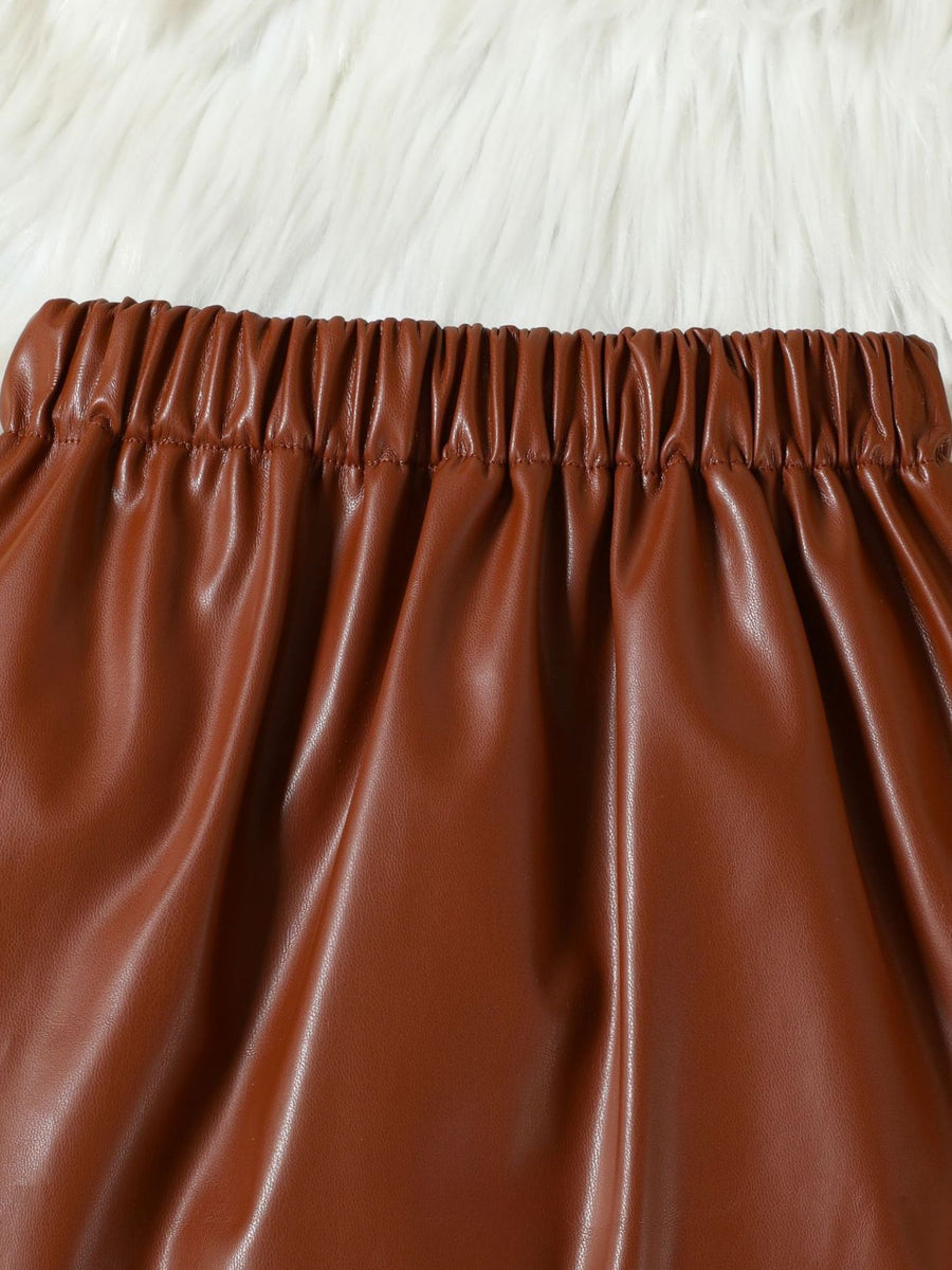 Brown faux leather baby skirt with elastic waistband