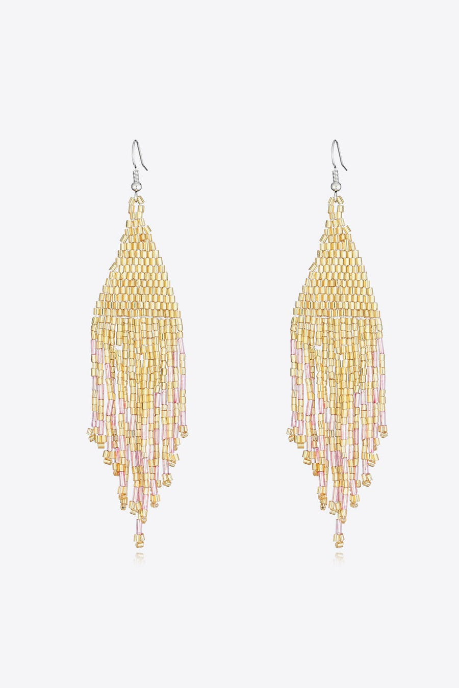 Prismatic beaded fringe earrings in gold and light pink feature a layered, cascading design.