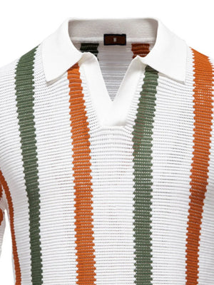 Textured stripe polo with open collar in white with burnt orange and green stripes.